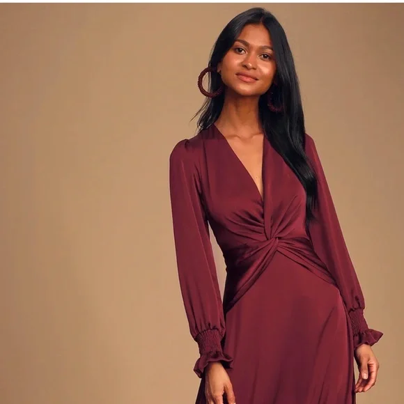 Lulus | Dresses | Twist Your Words Burgundy Long Sleeve Twistfront Maxi  Dress | Poshmark